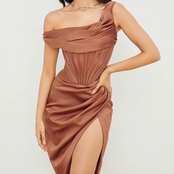House of CB Dresses House Of Cb Lulu Toffee Midi Corset Satin Dress